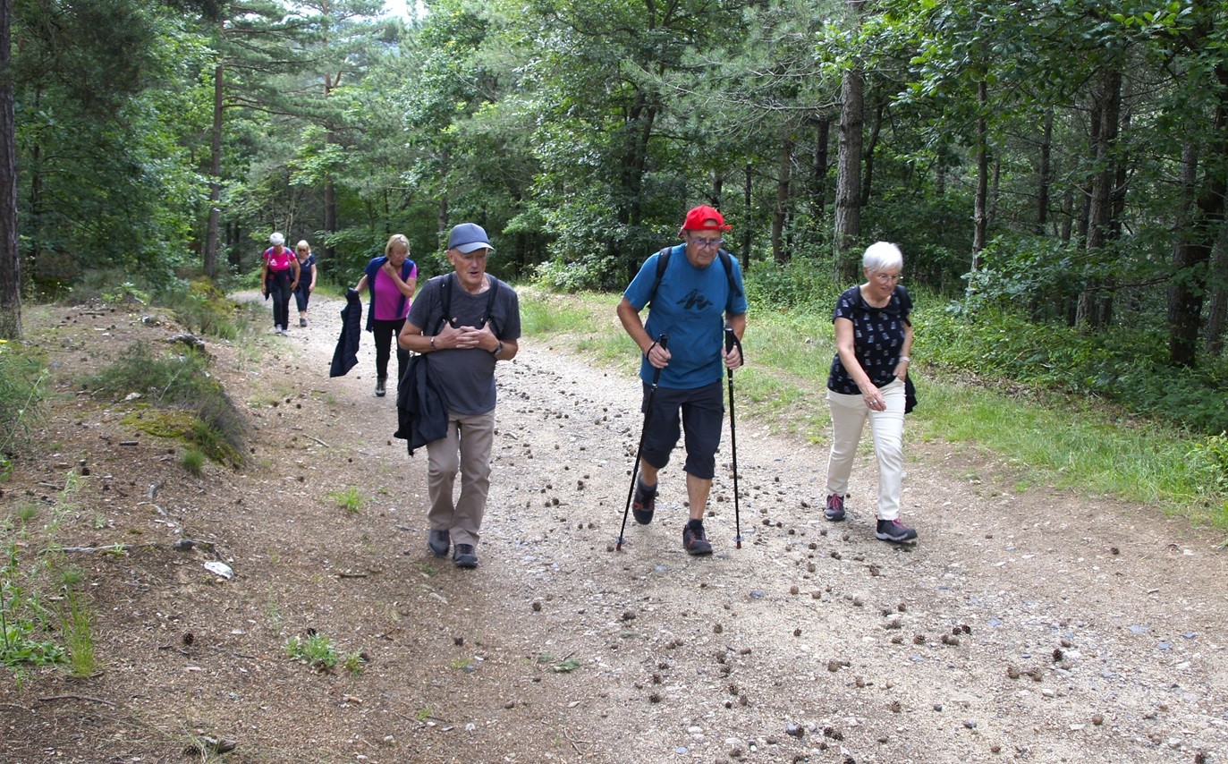 Randonneurs sur le retour de la passerelle du Lignon